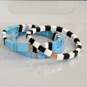Roxanne Assoulin Blue and Black-White Tile Bracelets with gold